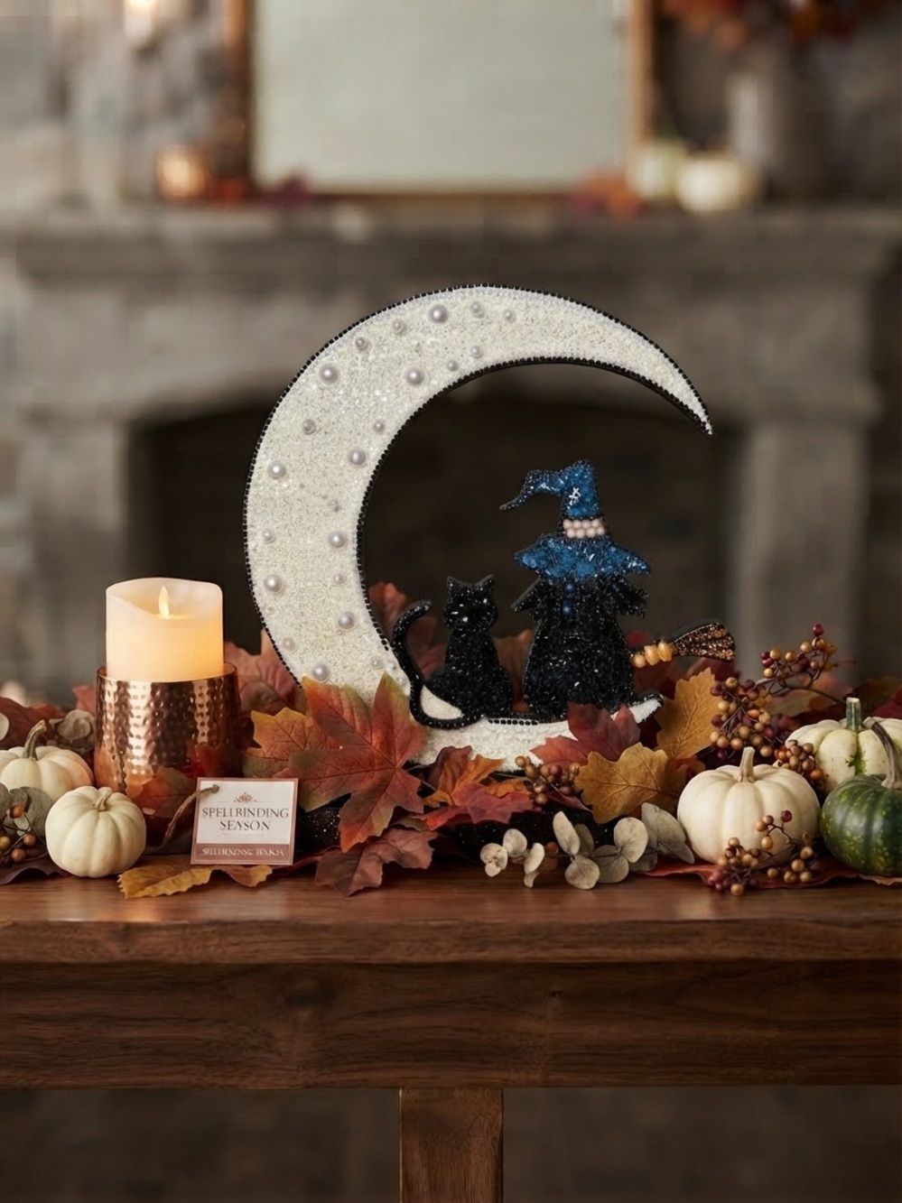Halloween Glitter Moon Witch and Cat Table Accent - White and Black